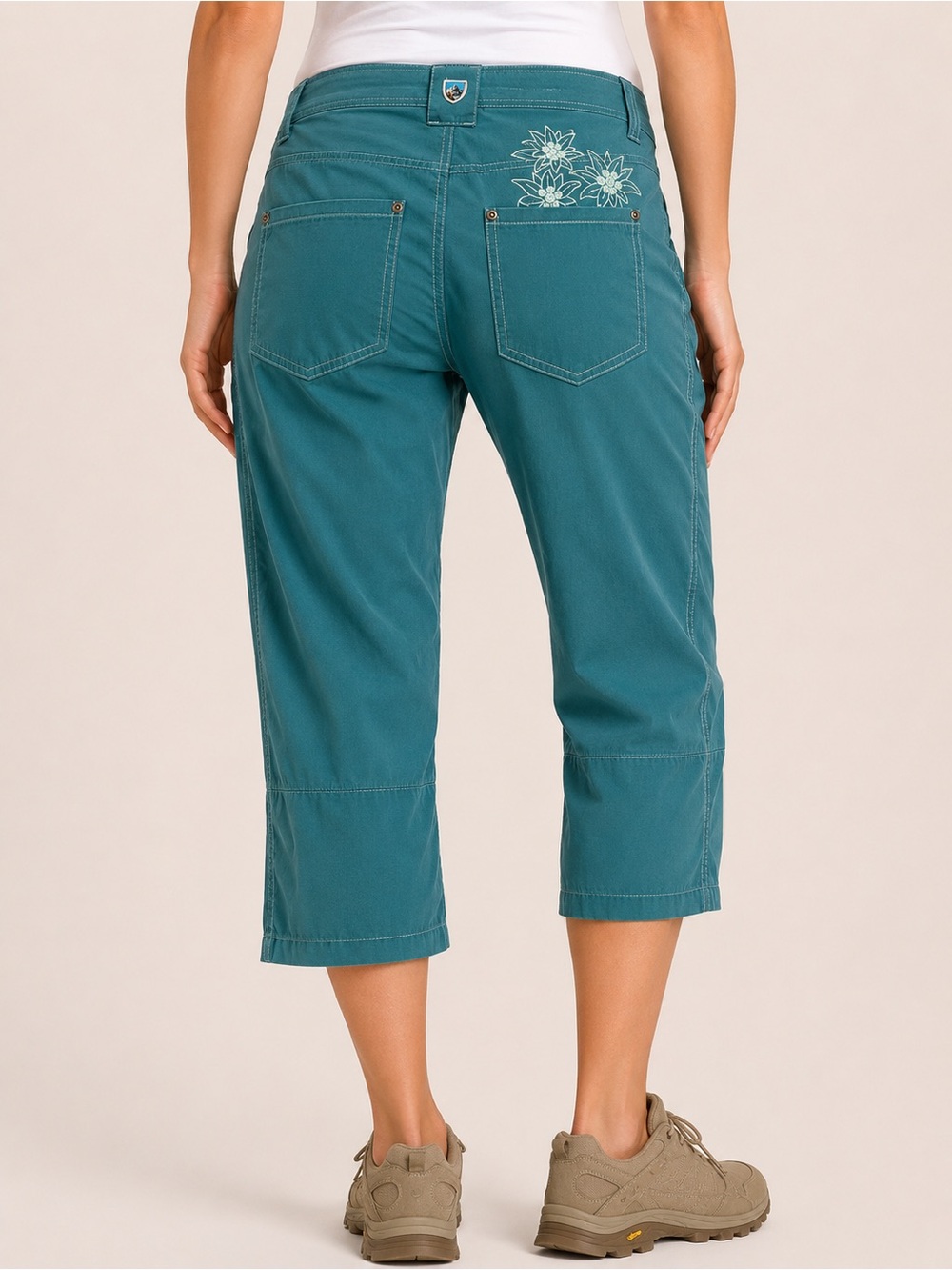 KÜHL Kendra Kapri Women’s 4 Teal Embroidered Hiking Crop Pants Outdoor